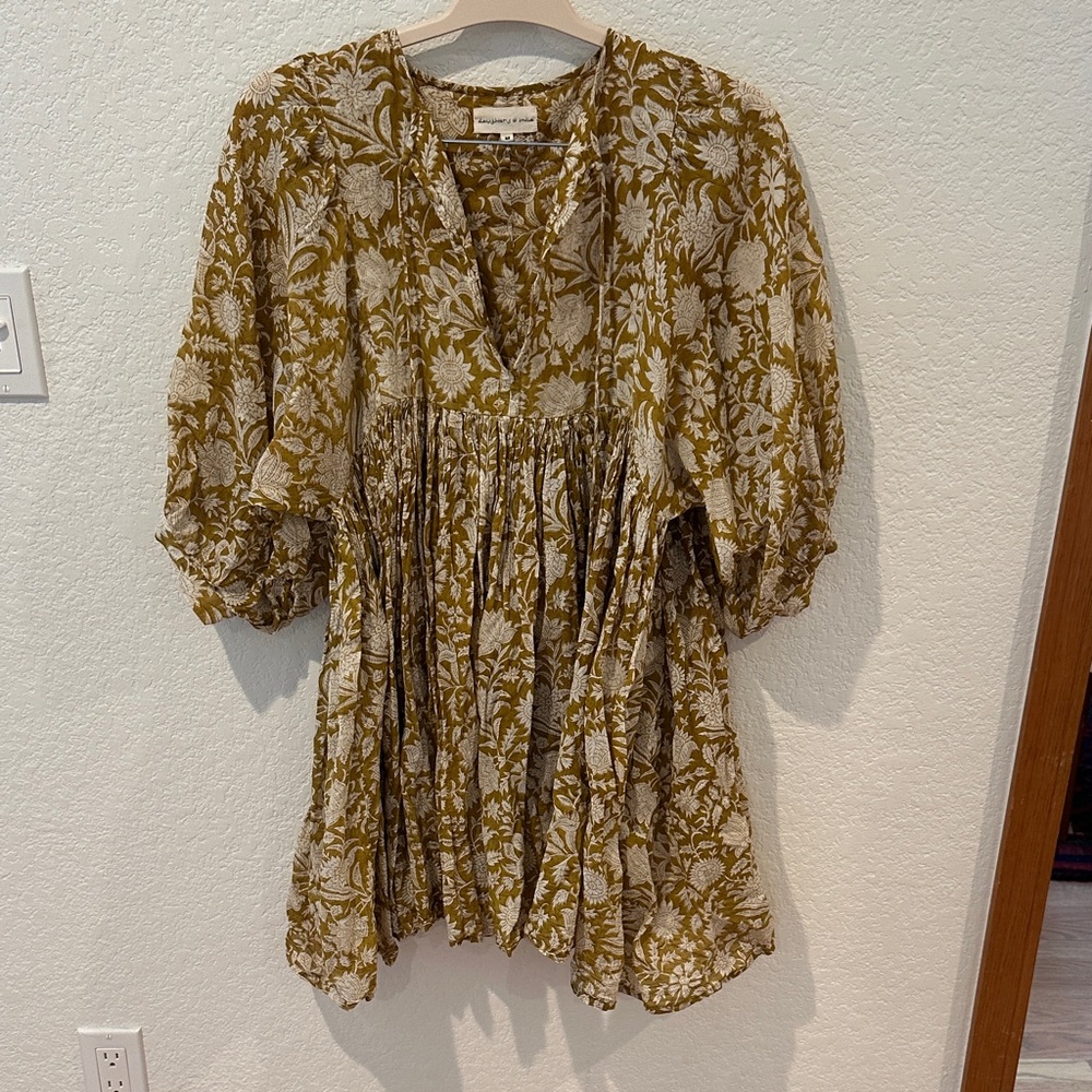 Daughters of India Olive and Cream Floral Mini Dress